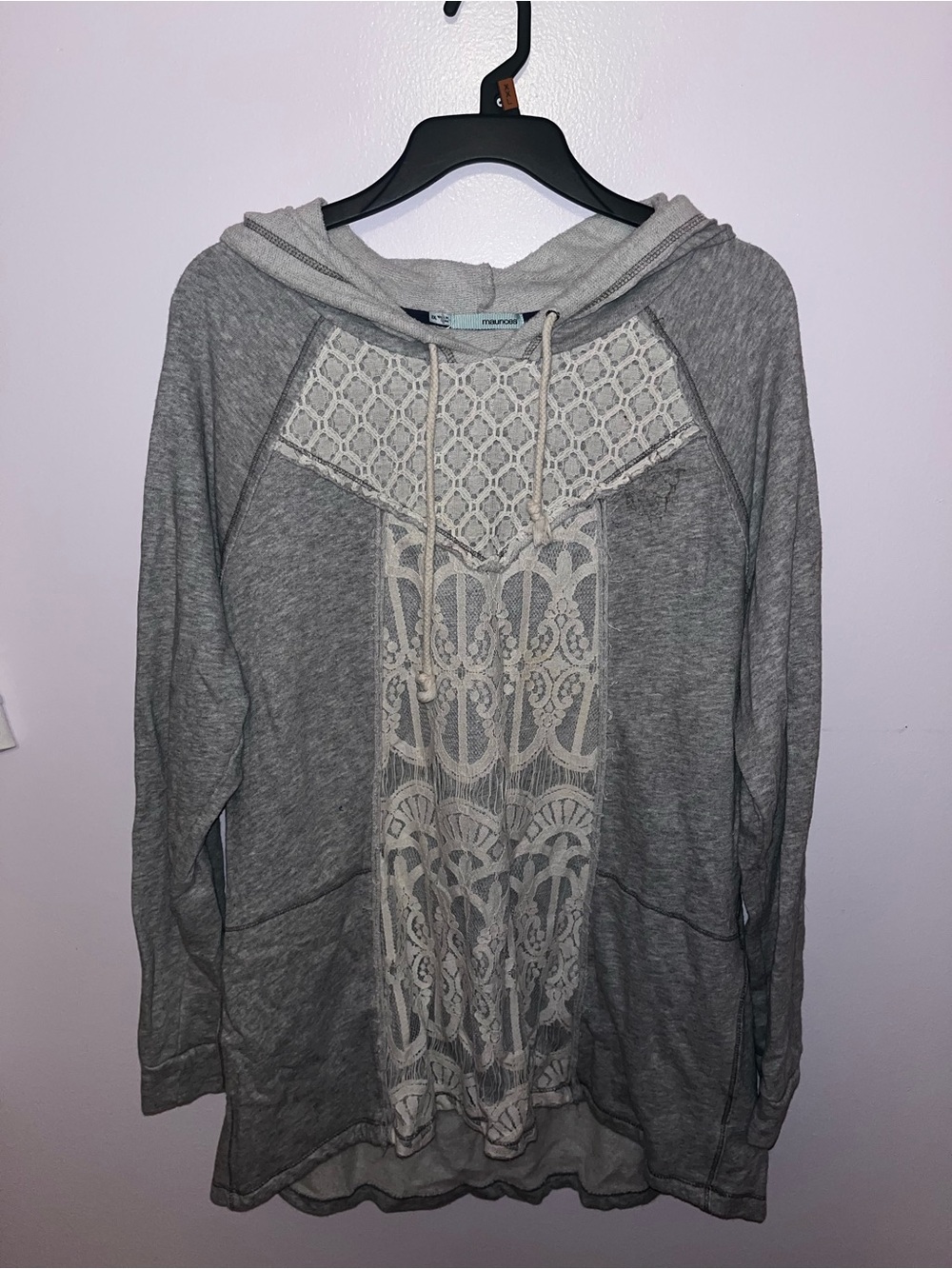 Mix Media Lace Front Hoodie Sweater - Gray